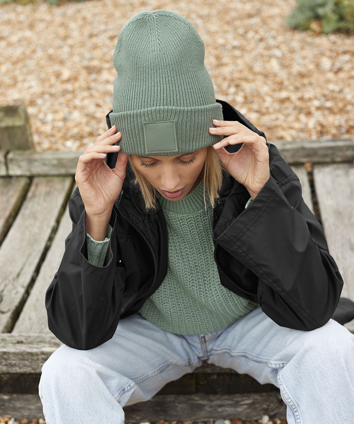 Deep cuffed tonal patch beanie