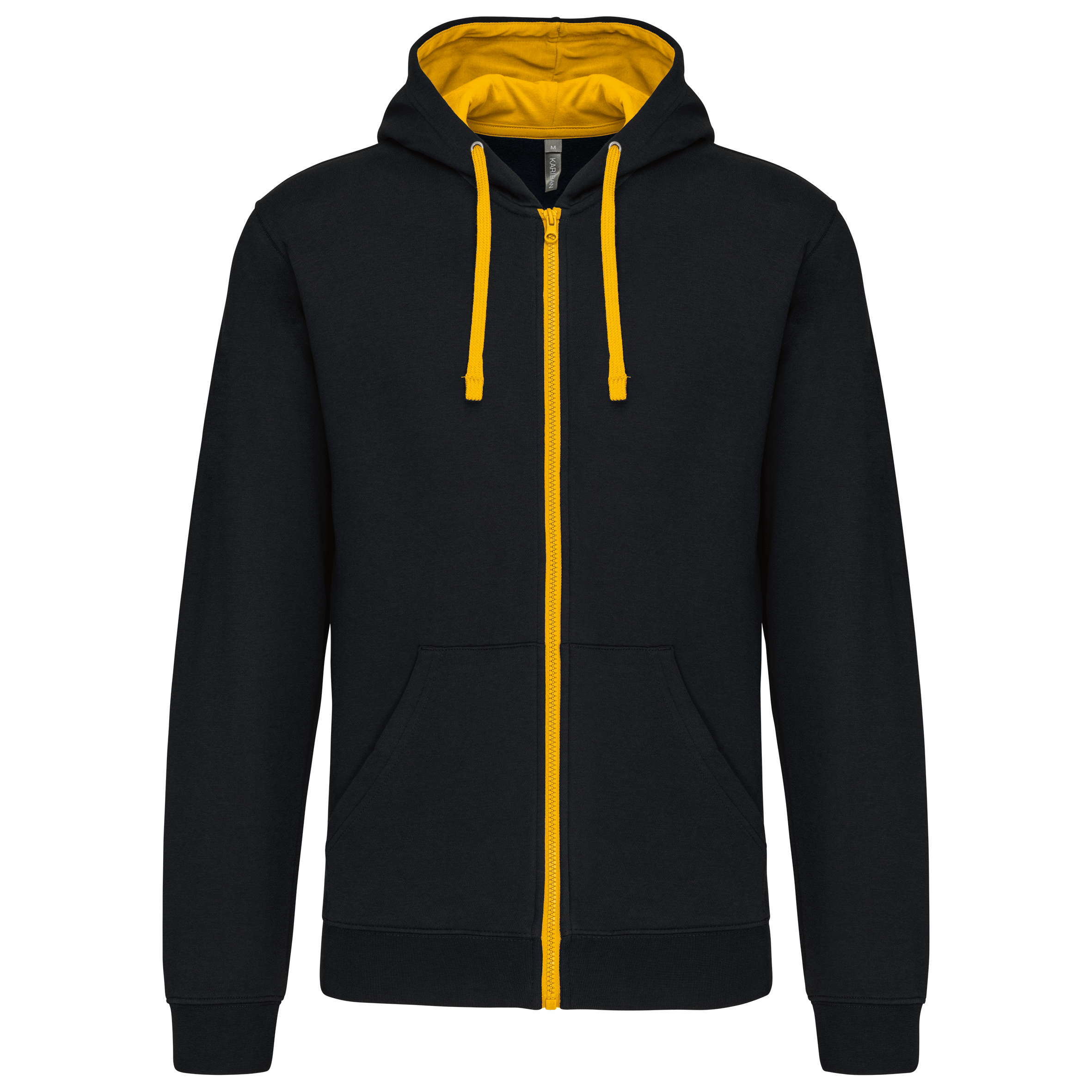 Kariban Herensweater met rits en capuchon in contrasterende kleur — Black / Yellow