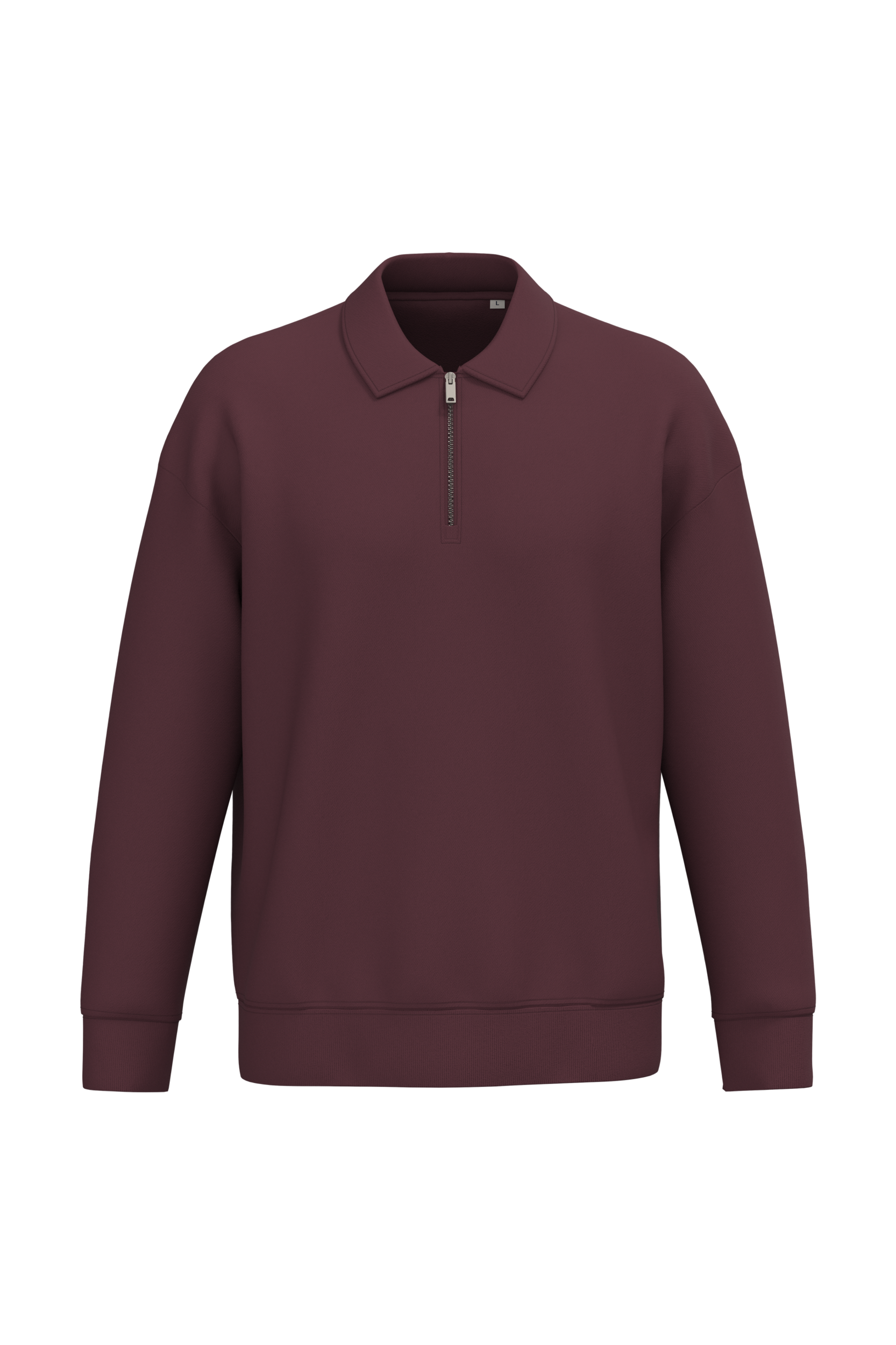 Native Spirit Ecologische uniseks sweater met kwartrits, polokraag en afhangende schouders — Dark Cherry