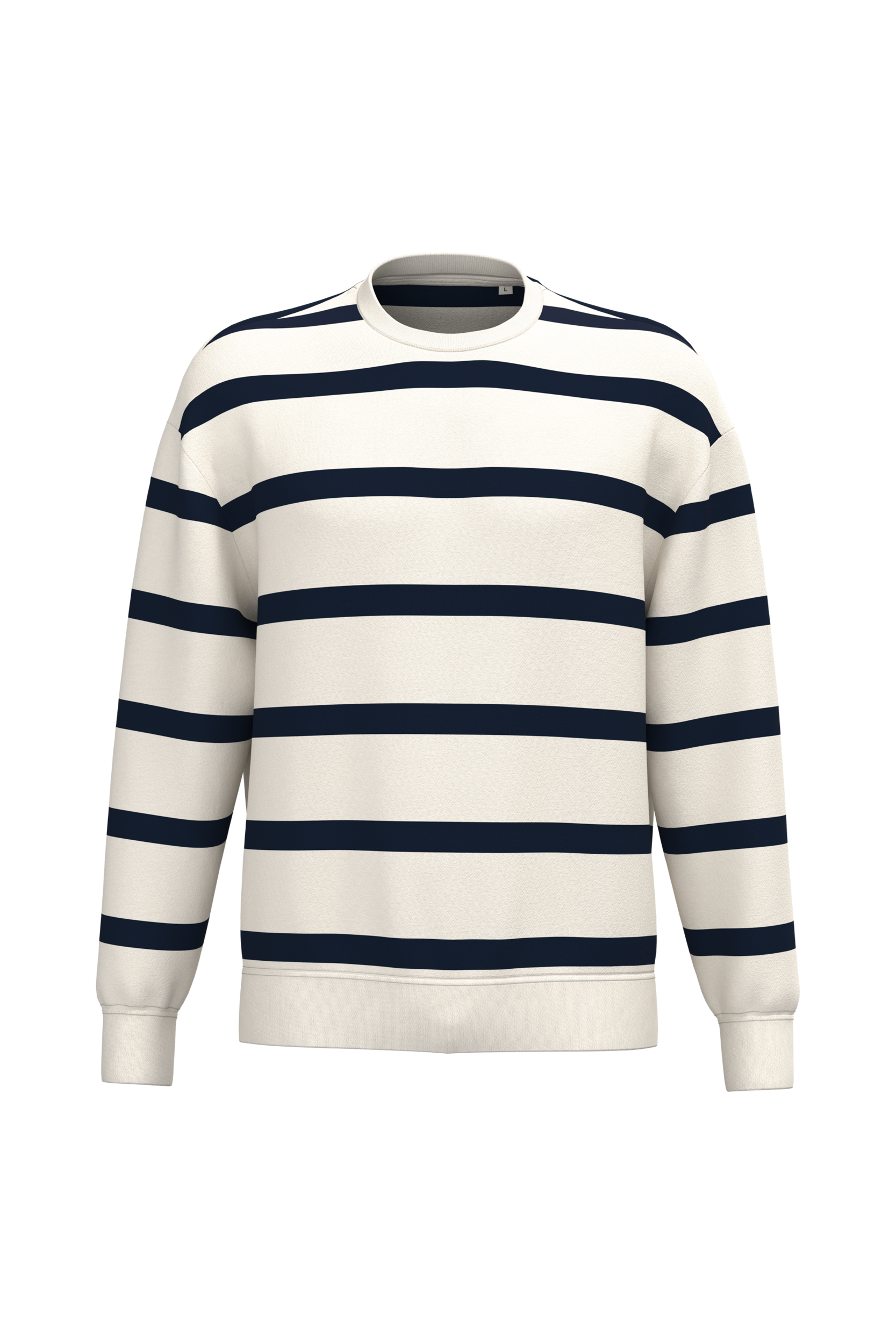 Native Spirit Ecologische gestreepte uniseks sweater met ronde hals en afhangende schouders — Ivory/ Navy blue stripes