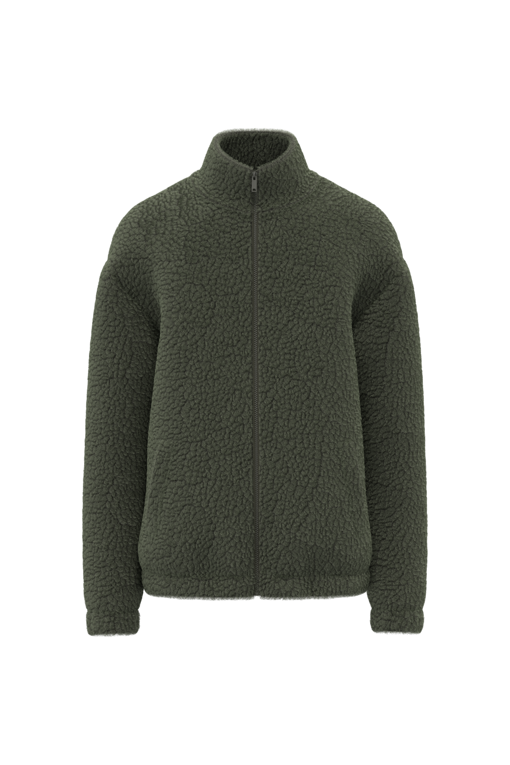 Spasso Uniseks sweater van sherpa met rits en afhangende schouders — Forest Khaki