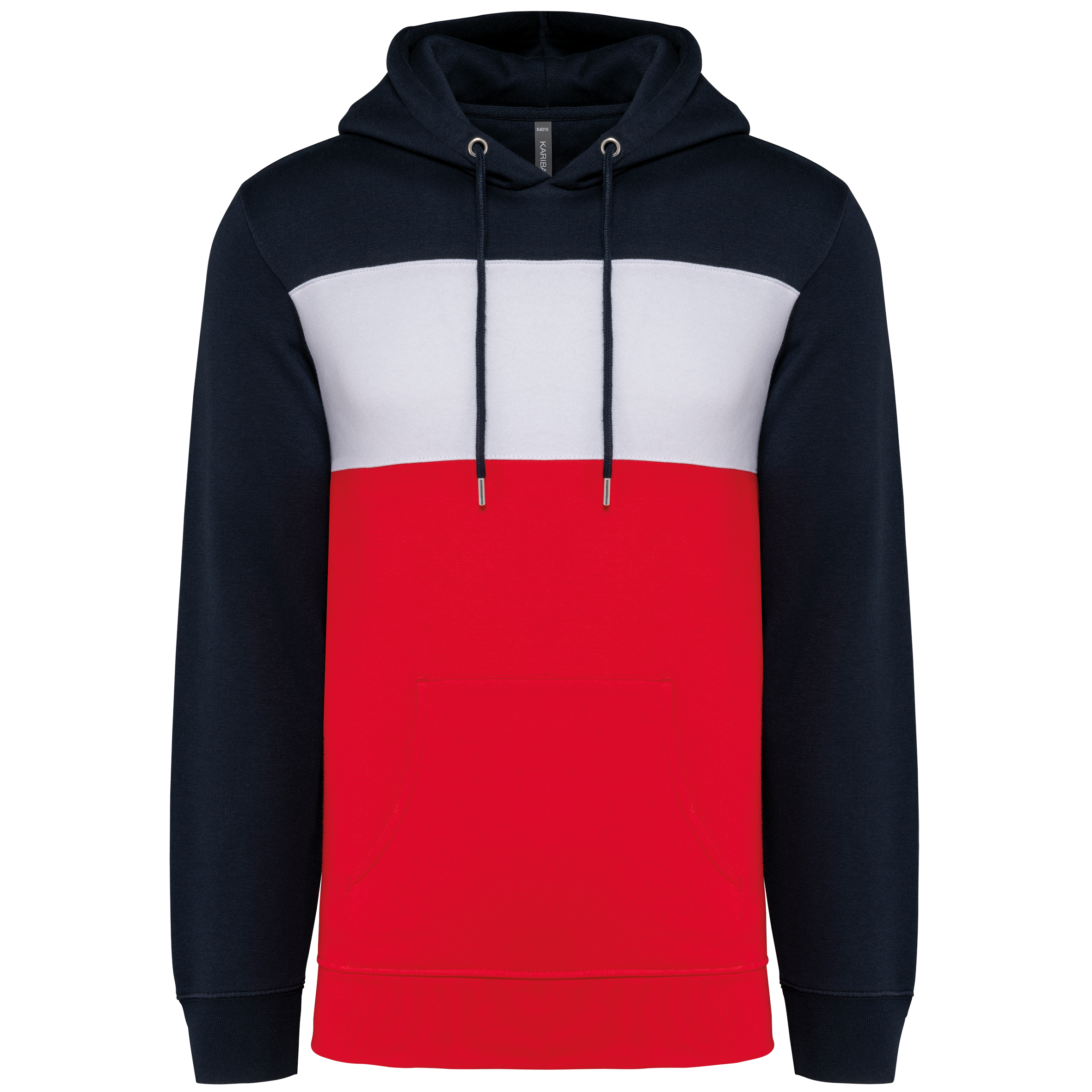 Kariban Driekleurige unisex sweater met capuchon — Navy / White / Red