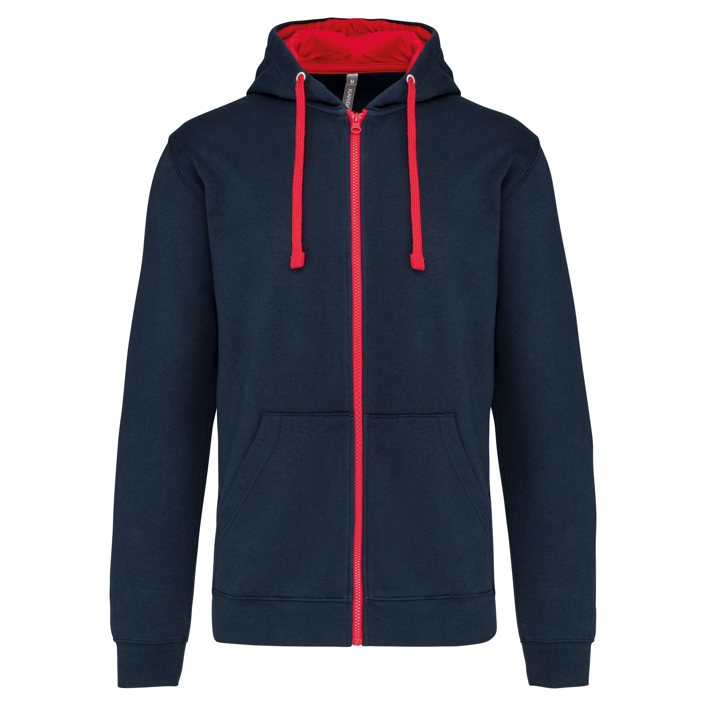 Kariban Herensweater met rits en capuchon in contrasterende kleur — Navy / Red