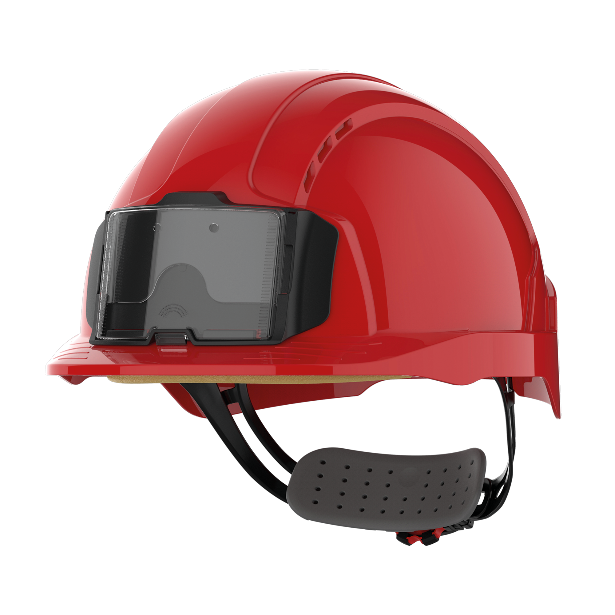 JSP EVOLite® veiligheidshelm met badgehouder, geventileerd, met ratelsluiting. — Red
