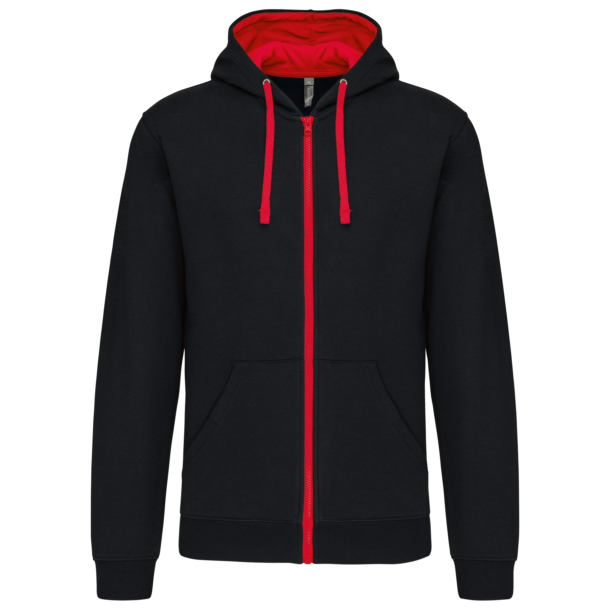 Kariban Herensweater met rits en capuchon in contrasterende kleur — Black / Red