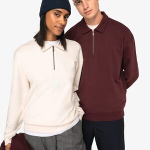 Native Spirit Ecologische uniseks sweater met kwartrits, polokraag en afhangende schouders