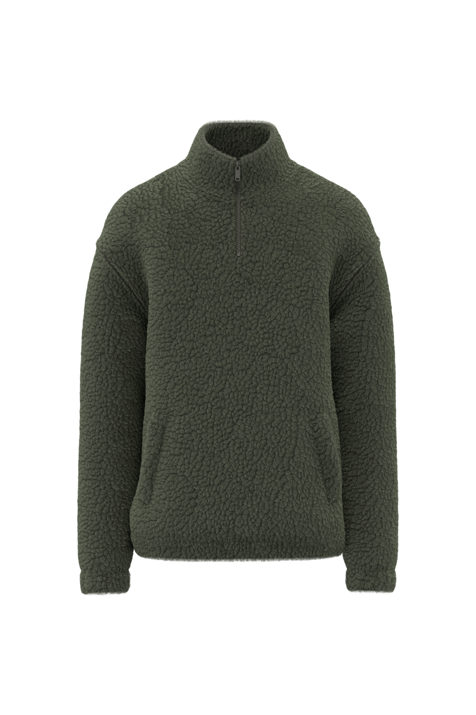 Spasso Uniseks sweater van sherpa met kwartrits en afhangende schouders — Forest Khaki