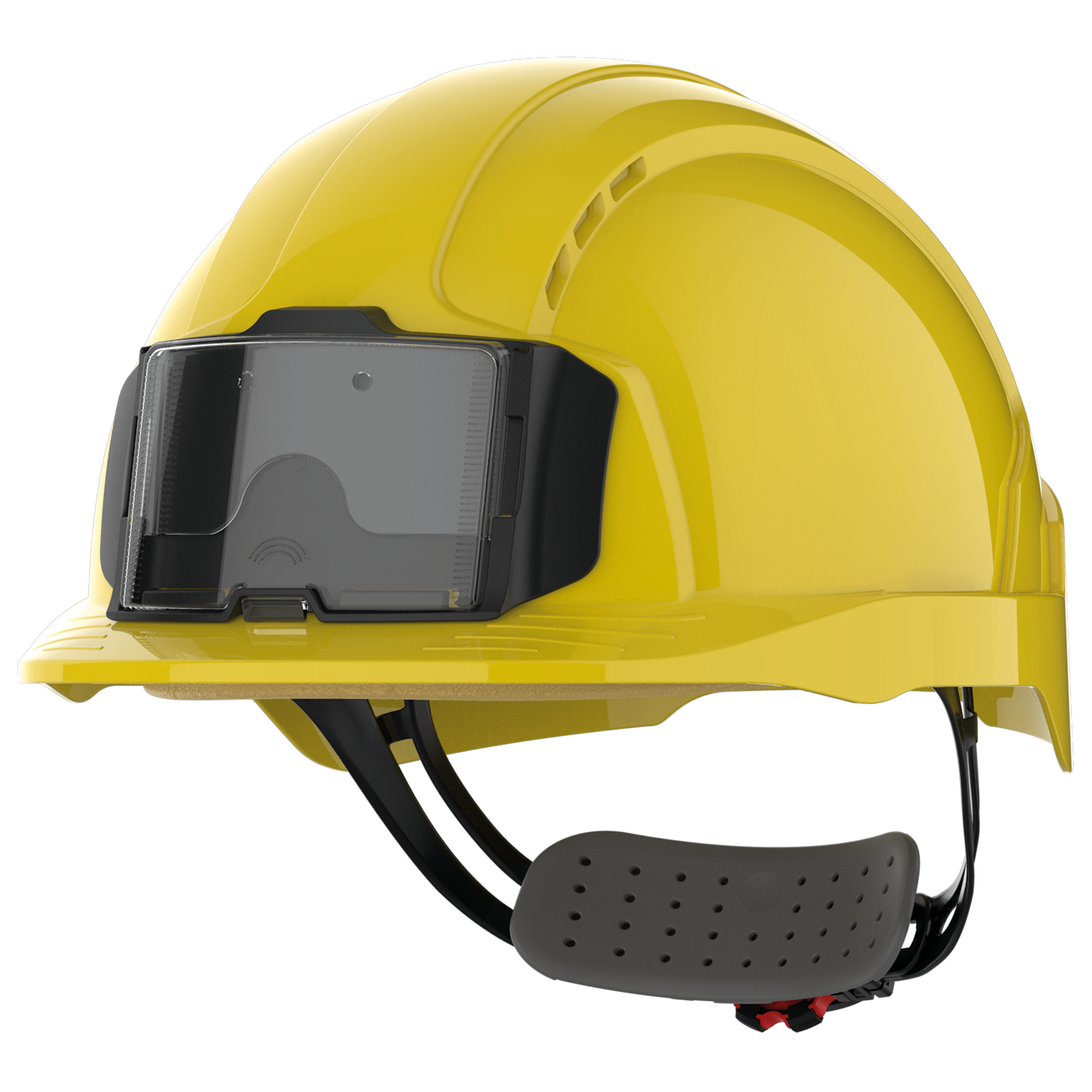 JSP EVOLite® veiligheidshelm met badgehouder, geventileerd, met ratelsluiting. — Yellow