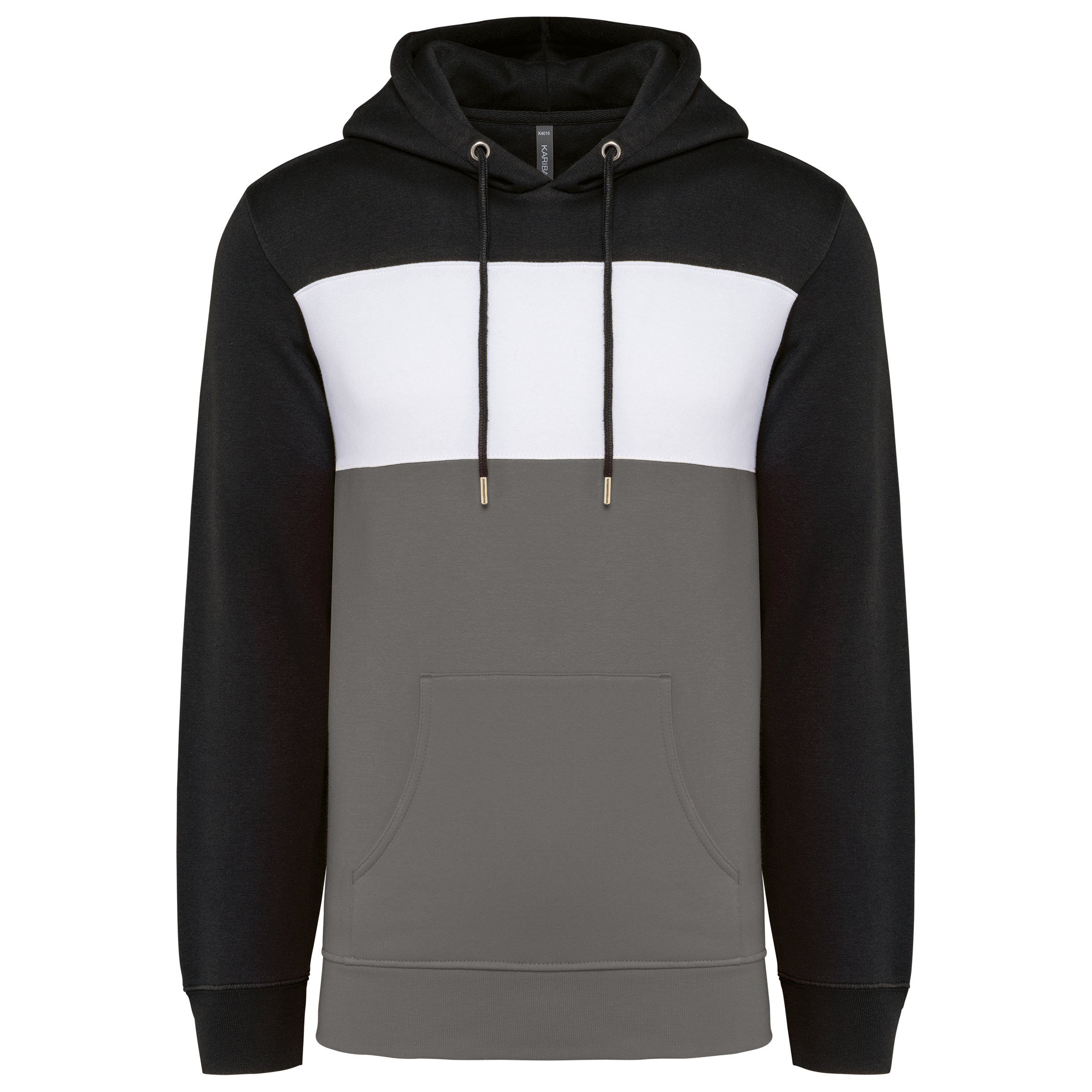 Kariban Driekleurige unisex sweater met capuchon — Black / White / Basalt Grey
