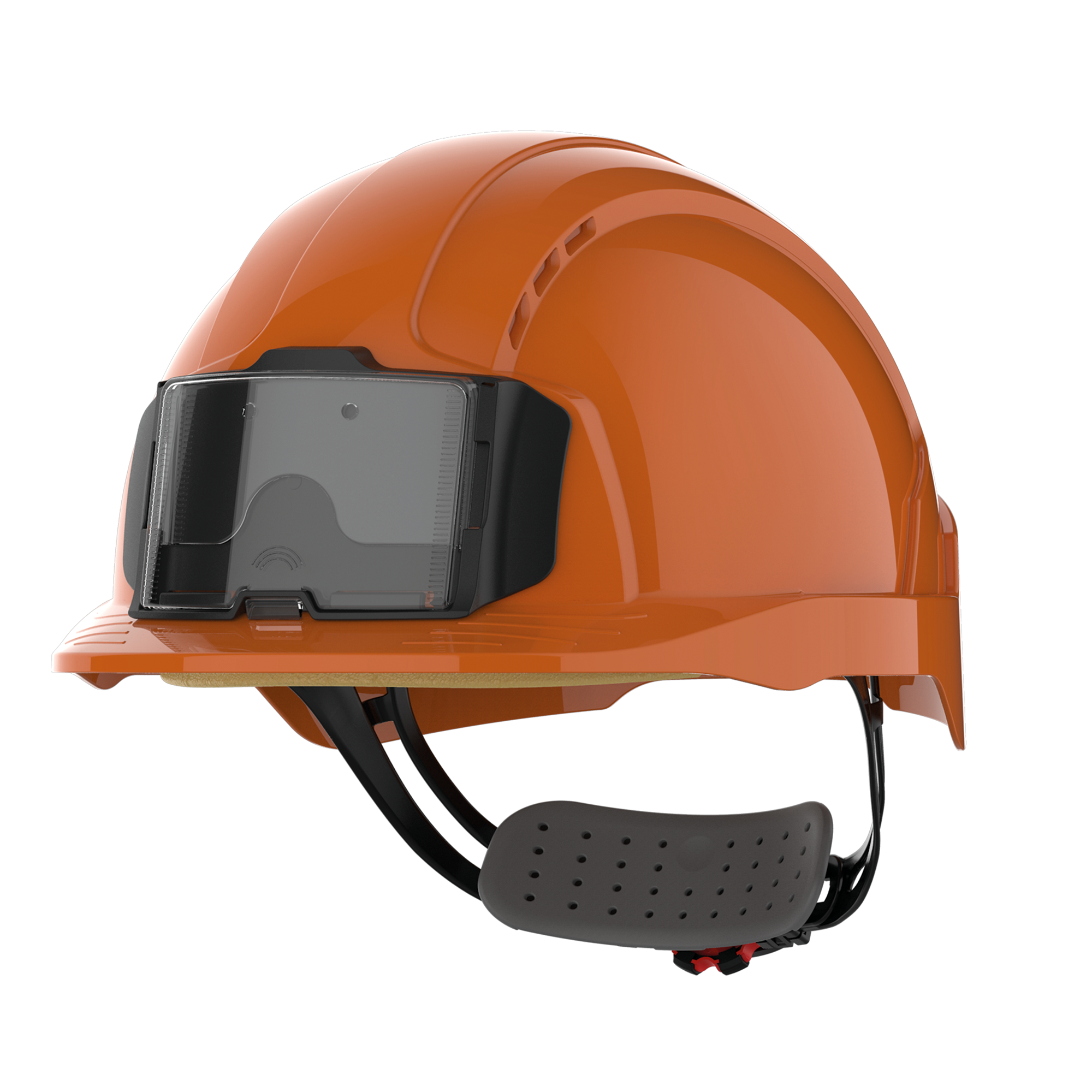 JSP EVOLite® veiligheidshelm met badgehouder, geventileerd, met ratelsluiting. — Orange