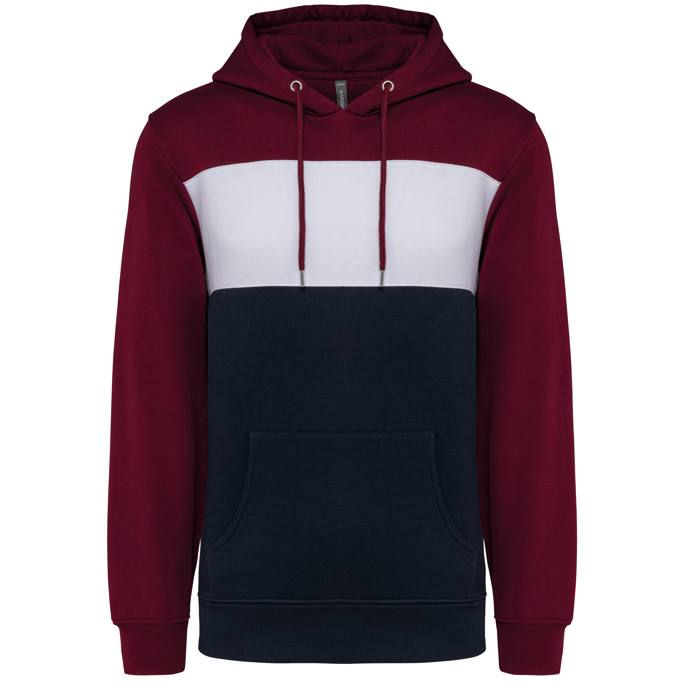 Kariban Driekleurige unisex sweater met capuchon — Wine / White / Navy