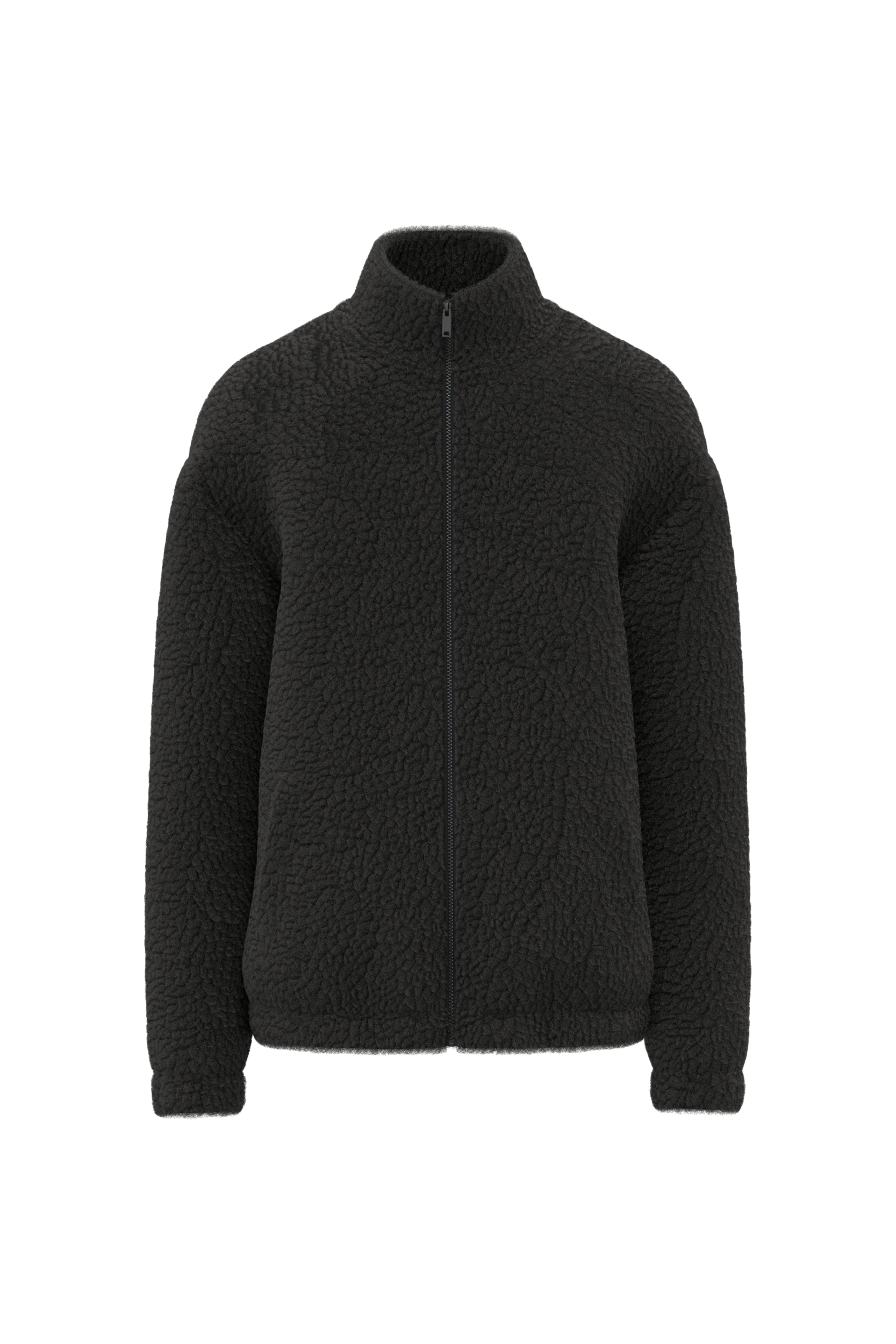 Spasso Uniseks sweater van sherpa met rits en afhangende schouders — Black